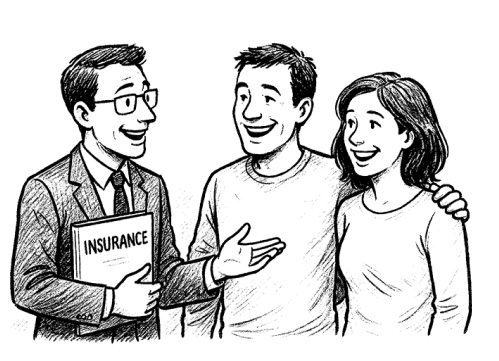 Cartoon Drawing of an Insurance Broker talking to a happy couple