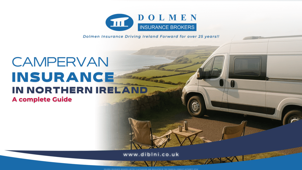 image of van looking out at a view of a beach with text on the left saying "Campervan Insurance in Northern Ireland, A complete Guide"