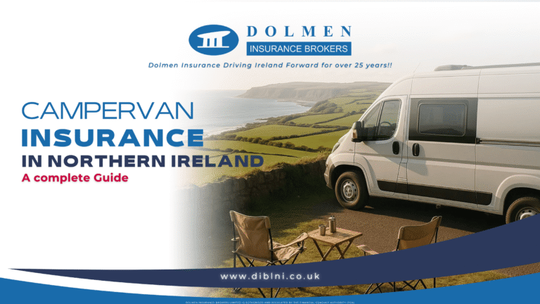 image of van looking out at a view of a beach with text on the left saying "Campervan Insurance in Northern Ireland, A complete Guide"