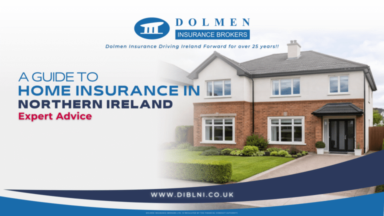 image of house on right with text on left that says "A Guide To Home Insurance In Northern Ireland, Expert Advice"