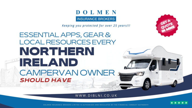 image of campervan with a pencil drawing of famous northern ireland landmarks in the background text on left says Essential Apps, Gear & Local Resources Every Northern Ireland Campervan Owner Should Have