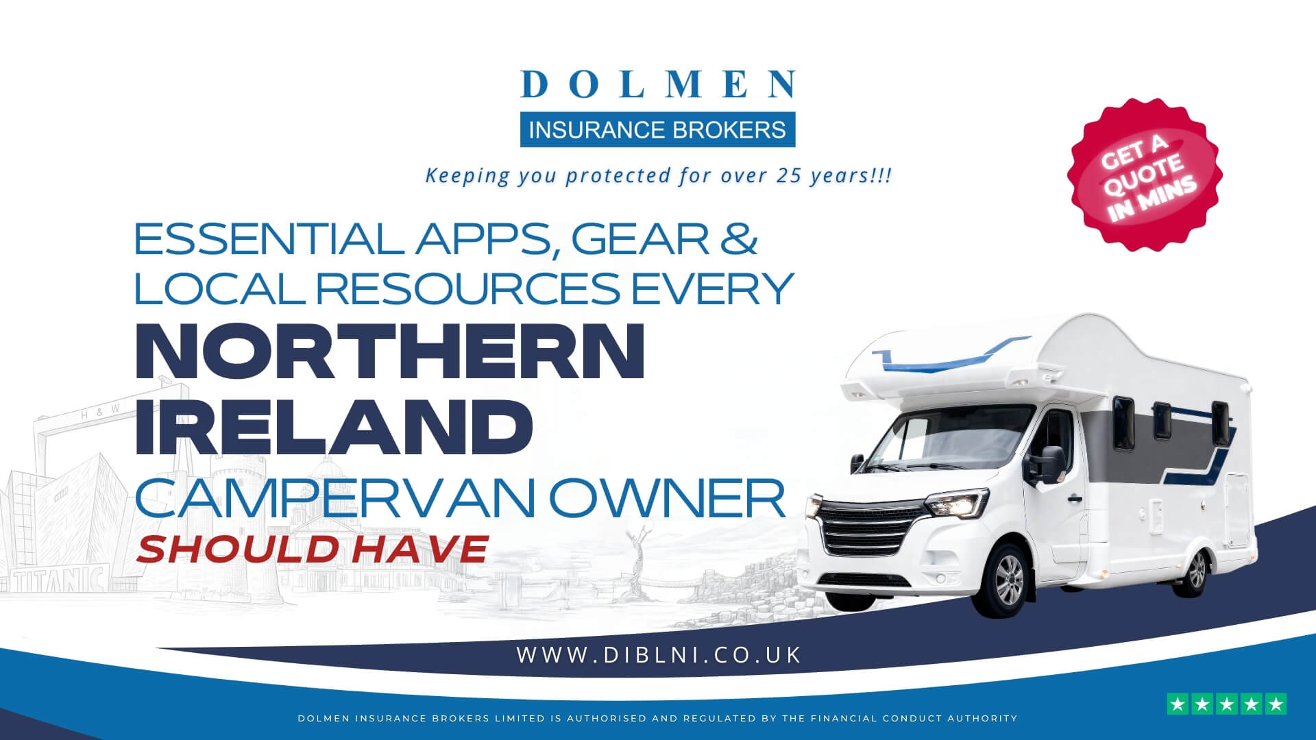 image of campervan with a pencil drawing of famous northern ireland landmarks in the background text on left says Essential Apps, Gear & Local Resources Every Northern Ireland Campervan Owner Should Have