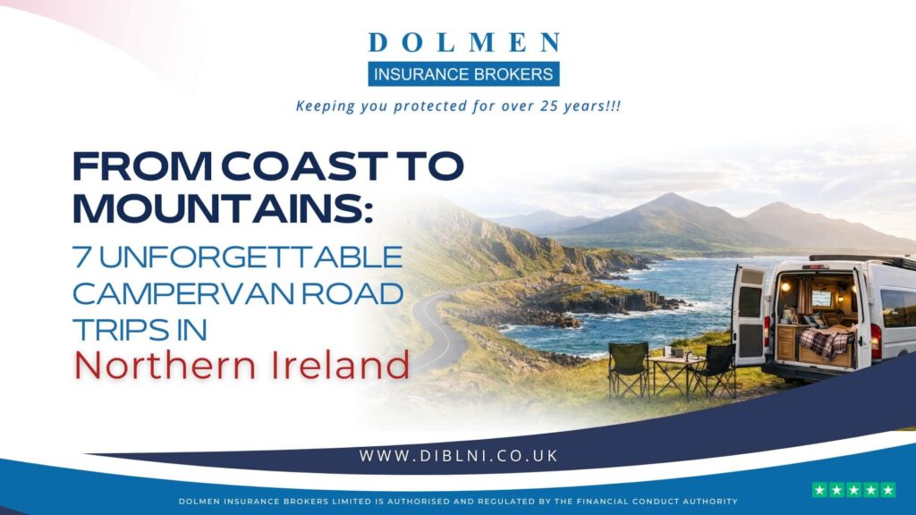 Picture of the giants causeway, mourne mountains, northern Ireland roads. Writing on the left From Coast to Mountains 7 unforgettable Campervan road trips in Northern Ireland